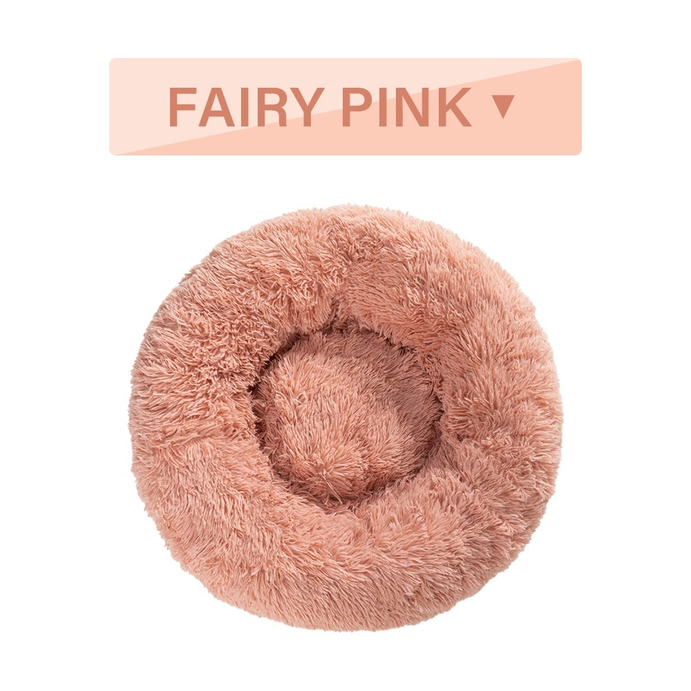 Fluffy Donut Dog Bed  Warm Soft Long Plush Pet Cushion.